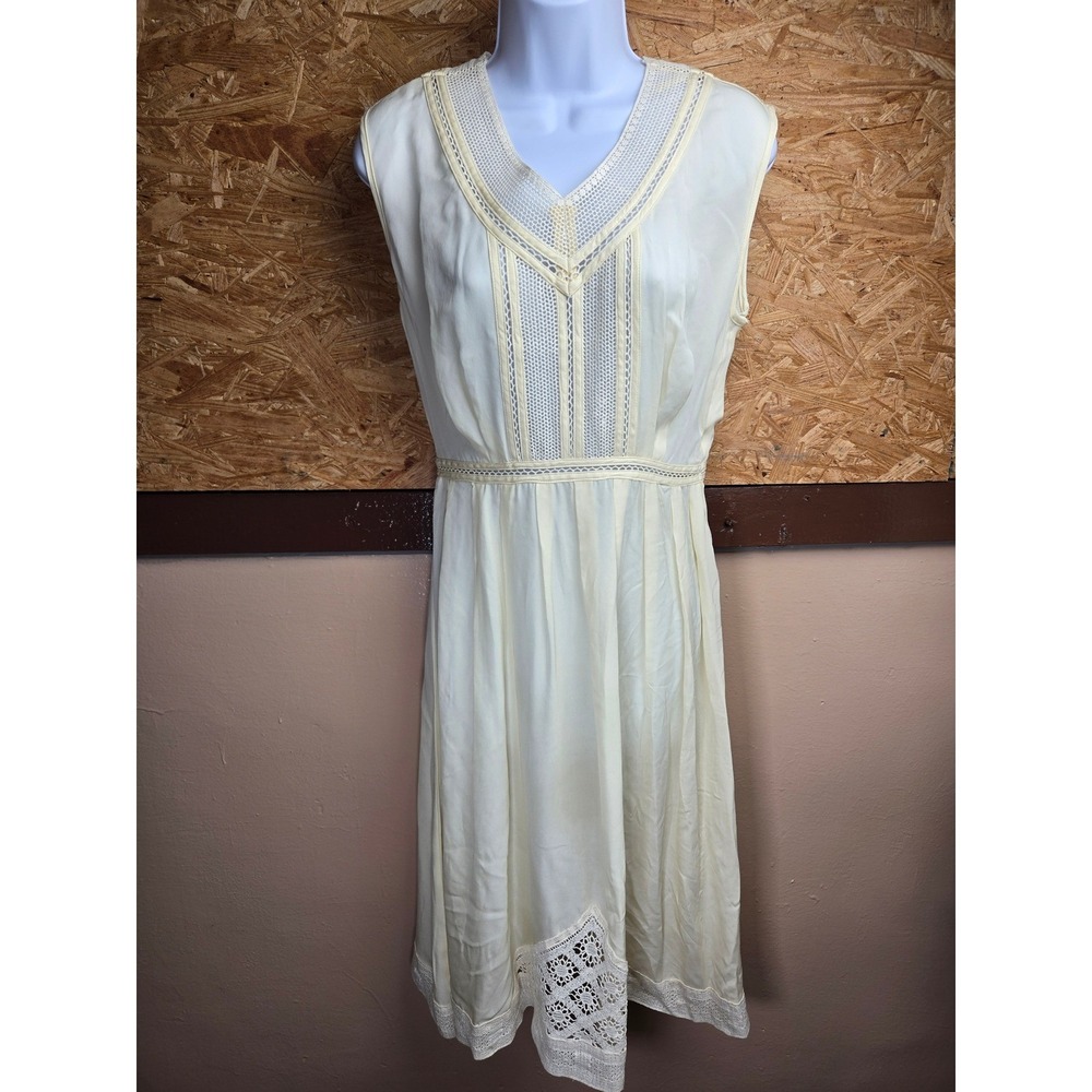 Lauren Moffatt Cream Silk Crochet Lace‎ V-Neck Sleeveless Midi Dress/Slip Size 4